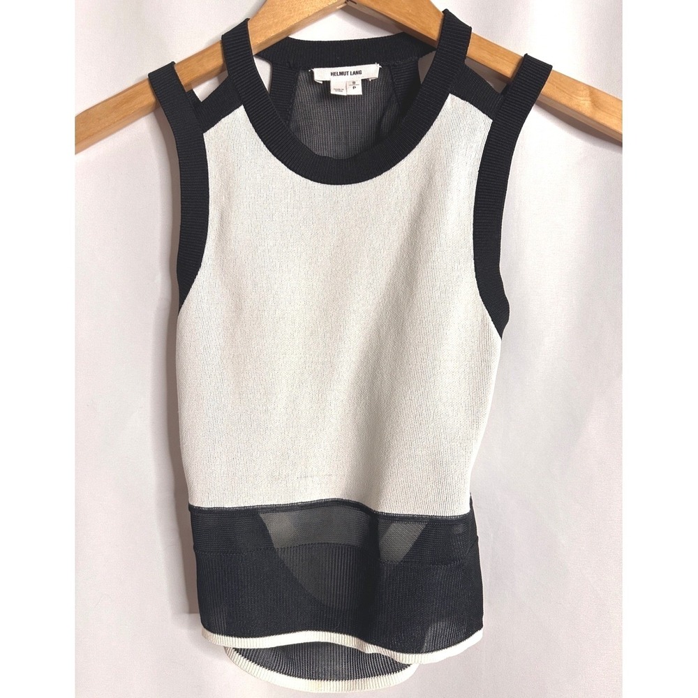 HELMUT LANG S White Black Colorblock Sheer Back Knit Tank Top Sleeveless Mesh